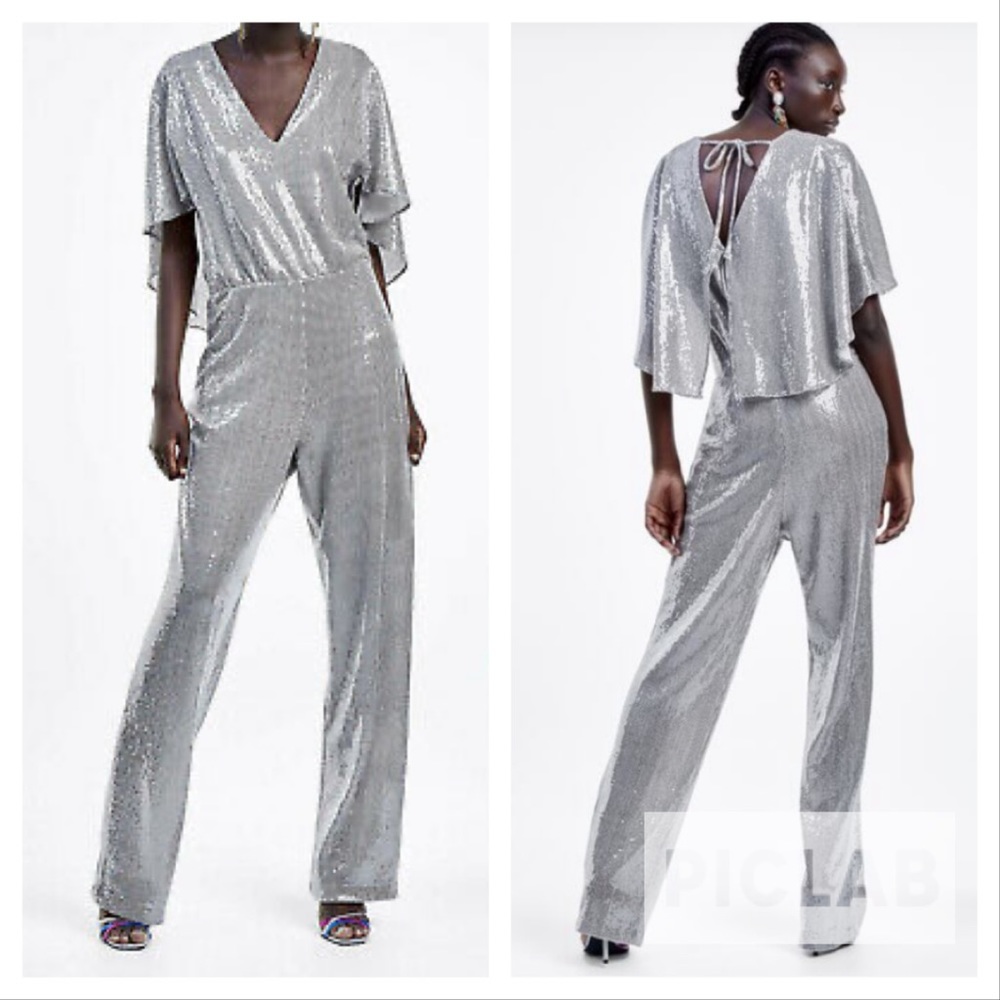 Zara silver jumpsuit with shiny cape sleeves - Picture 1 of 3